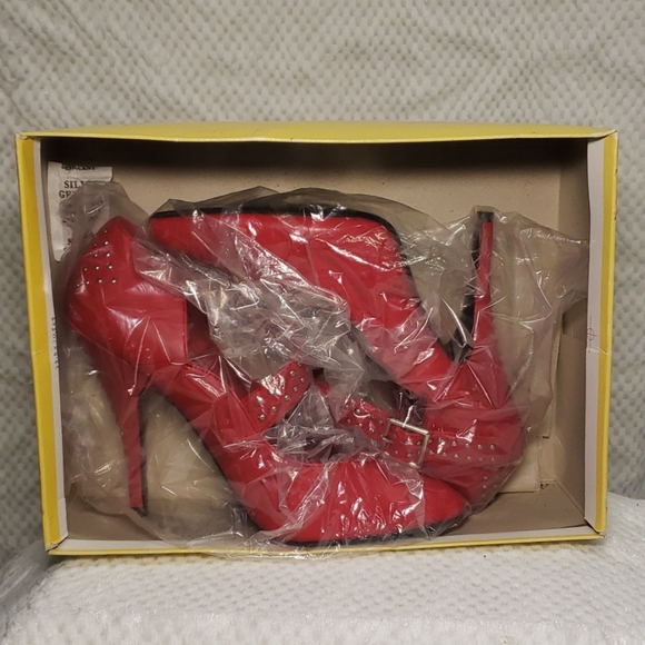 Red Stiletto Heels w/ Studded Accents by Adesso - Picture 3 of 8